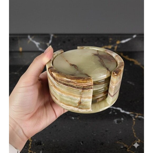 Onyx Coaster Set with Holder | Natural Stone Coasters | Marble Drink Coasters - Picture 4 of 12